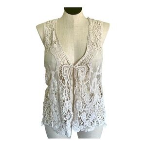 Simply Irresistible Off White Cotton Crochet Lace Tie Front Vest - Medium
